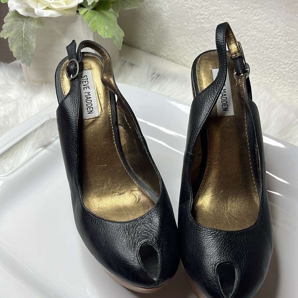 Stylish Black Leather& Wood Platform  Slingback Heels - Picture 9 of 12